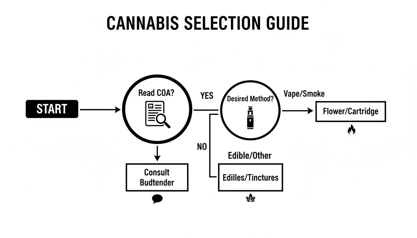 A cannabis selection guide flowchart illustrating steps to choose products based on COA and desired method.