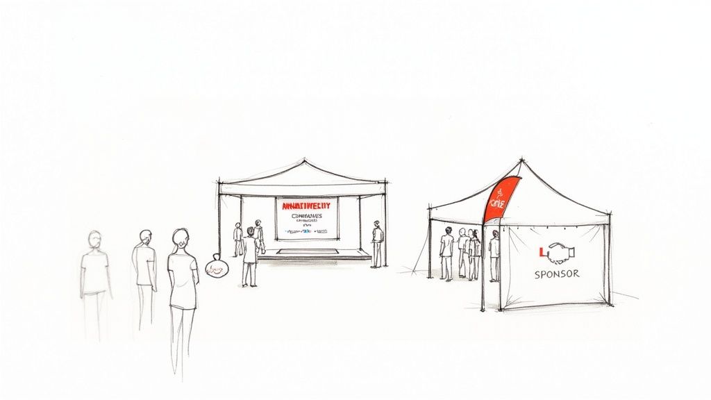 Sketch of an outdoor event with two tents, people, and branding for 'INNOVATIVE WEEKLY' and 'SPONSOR'.