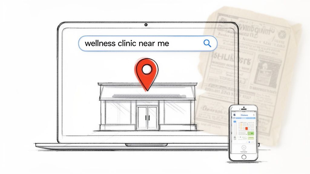 Laptop searching 'wellness clinic near me', showing a map pin over a building and a smartphone with a map.