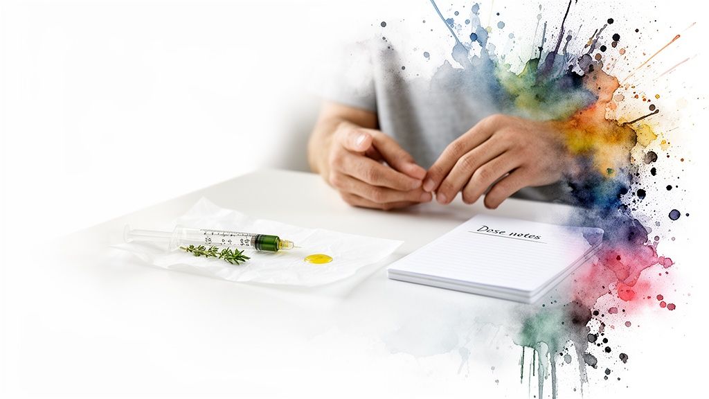 Hands near a syringe with green liquid, herbs, and a notebook titled 'Dose notes' on a table.