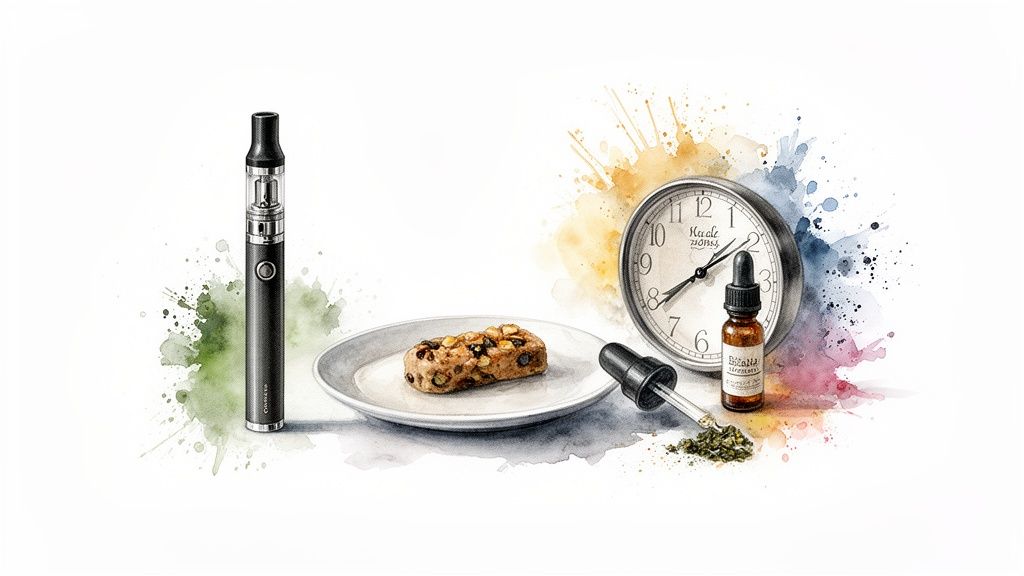 Watercolor illustration of a vape pen, snack, clock, and cannabis items on a white background with paint splatters.