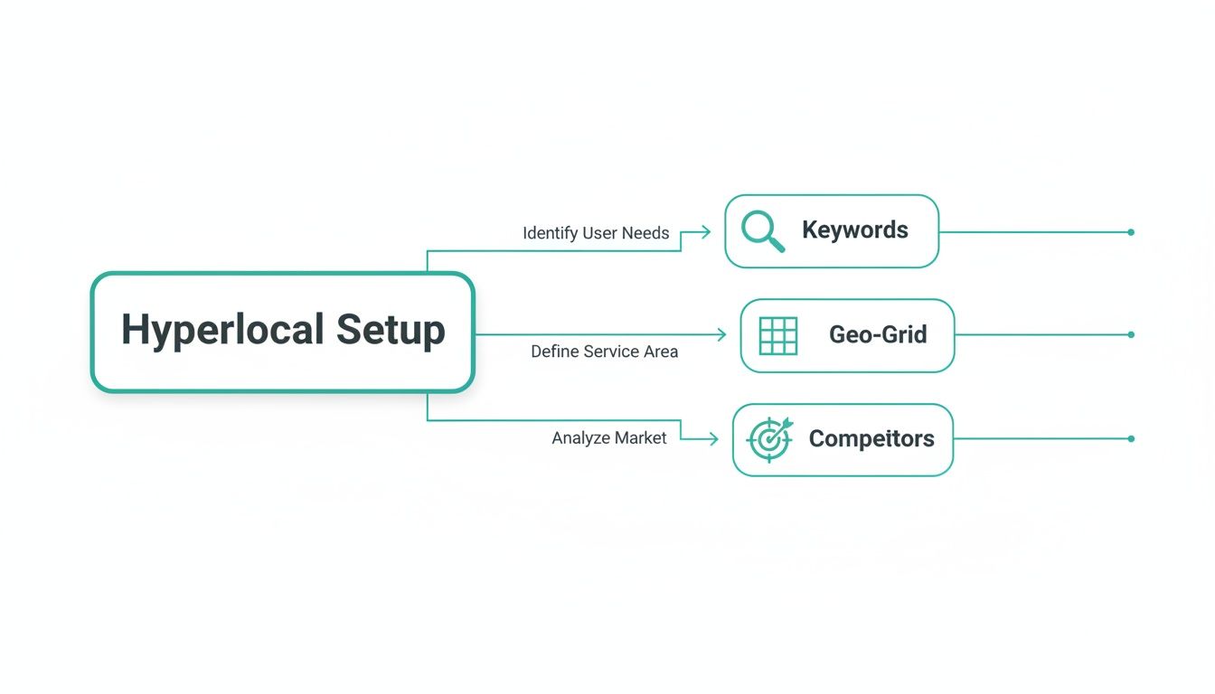 A flowchart illustrating Hyperlocal Setup components: Keywords, Geo-Grid, and Competitors.