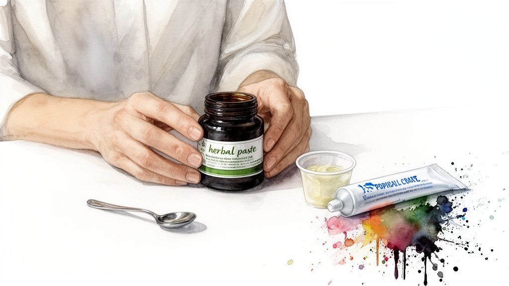 Watercolor painting of hands holding a jar of herbal paste, with a spoon and other items.