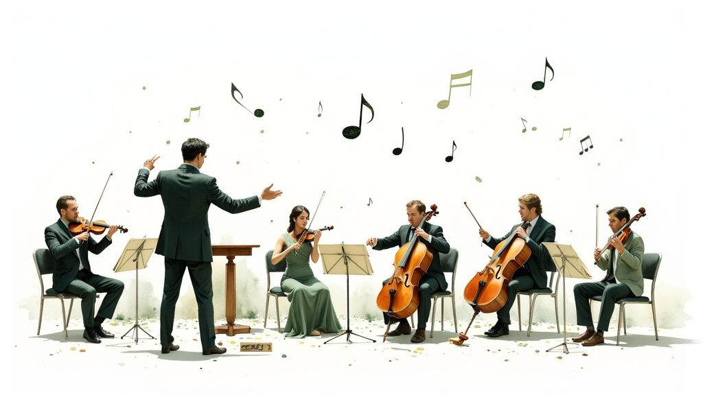 A conductor leads a classical music string ensemble with violinists and cellists, with musical notes floating.
