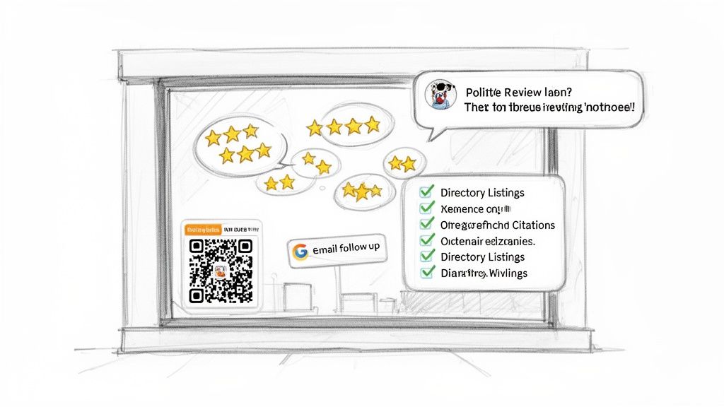 A sketch illustrating local SEO concepts with star ratings, a QR code, and a checklist of services.