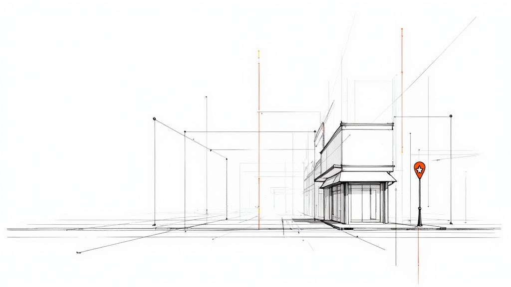 An architectural sketch illustrating a storefront building, perspective lines, and a red map pin icon, suggesting a local business location.