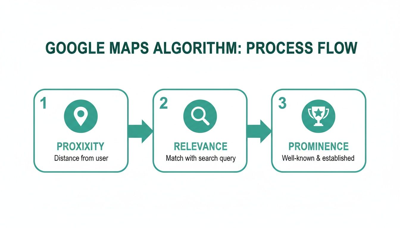 Google Maps algorithm process flow explaining Proximity, Relevance, and Prominence factors for local search results.