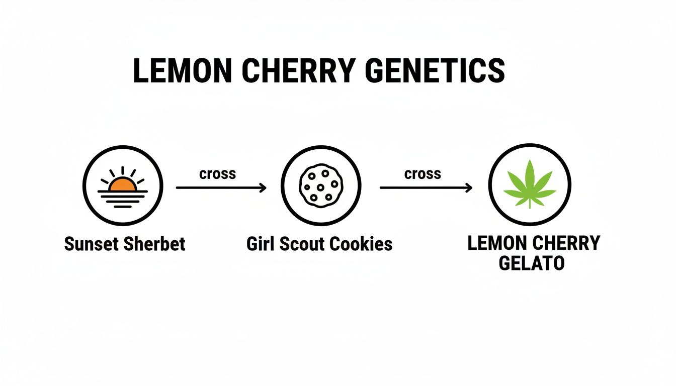A genetic diagram illustrates the lineage of Lemon Cherry Gelato cannabis, showing Sunset Sherbet crossed with Girl Scout Cookies.