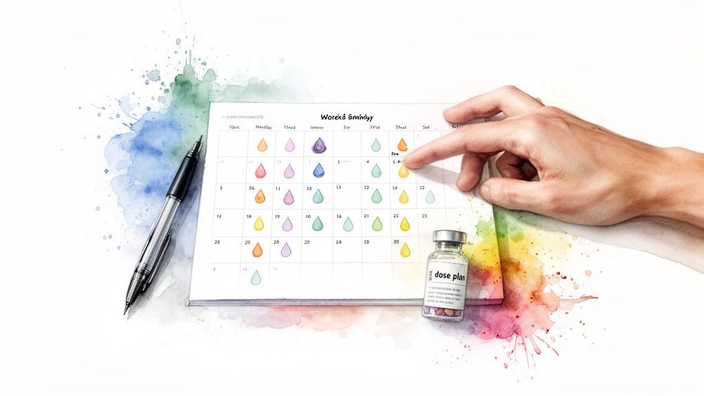 Hand pointing at a calendar with colorful dose drops, a pen, and a 'dose plan' vial.