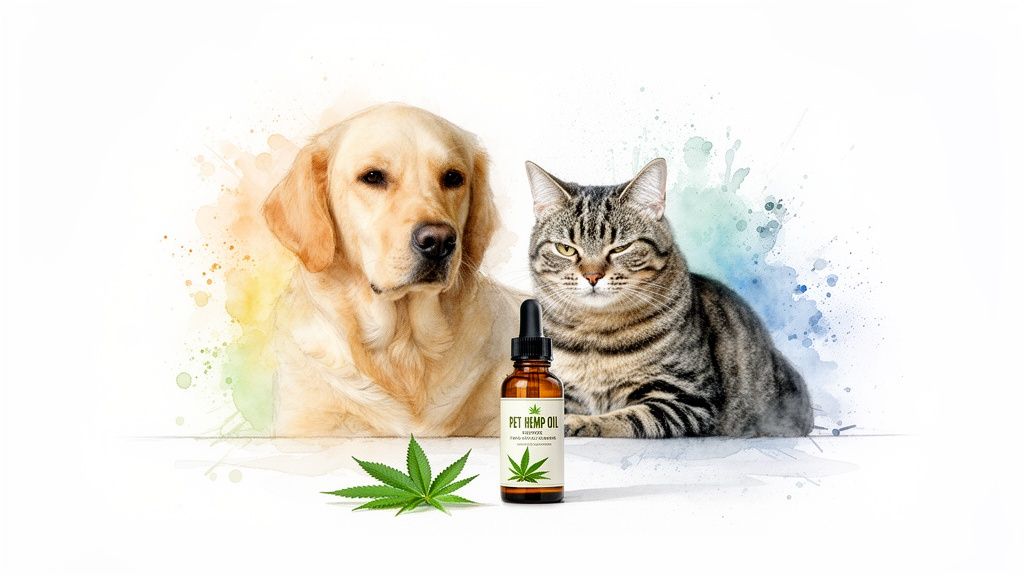 A golden retriever dog and a tabby cat with a bottle of pet hemp oil and a hemp leaf.