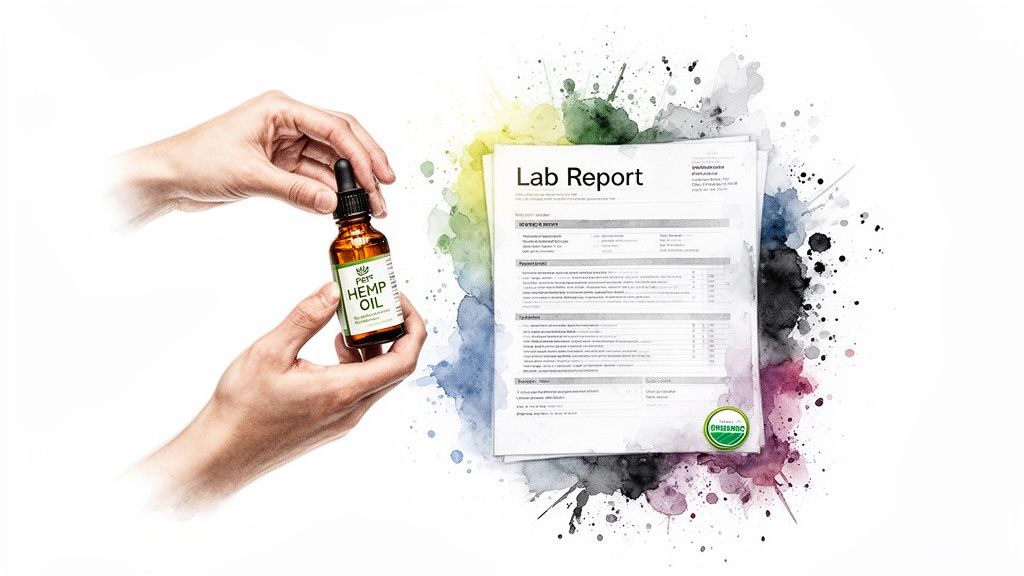 Hands holding a hemp oil dropper bottle next to a lab report on a colorful watercolor background.