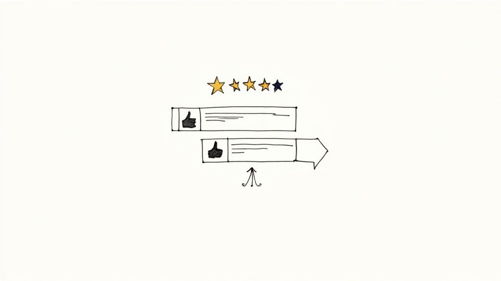 Hand-drawn illustration of customer feedback with a four-star rating and positive reviews.