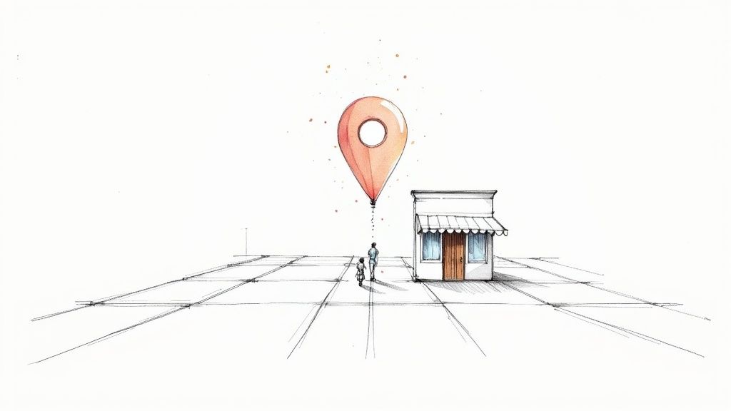 An illustration of a father and child walking towards a small shop, beneath a floating orange map pin.