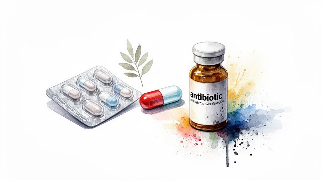 Watercolor artwork depicting various antibiotic medications: pills, a blister pack, and a labeled vial.