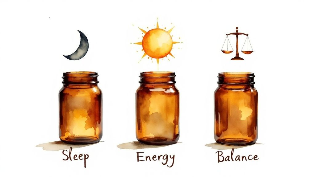 Three watercolor amber jars symbolize sleep (moon), energy (sun), and balance (scales) on a white background.