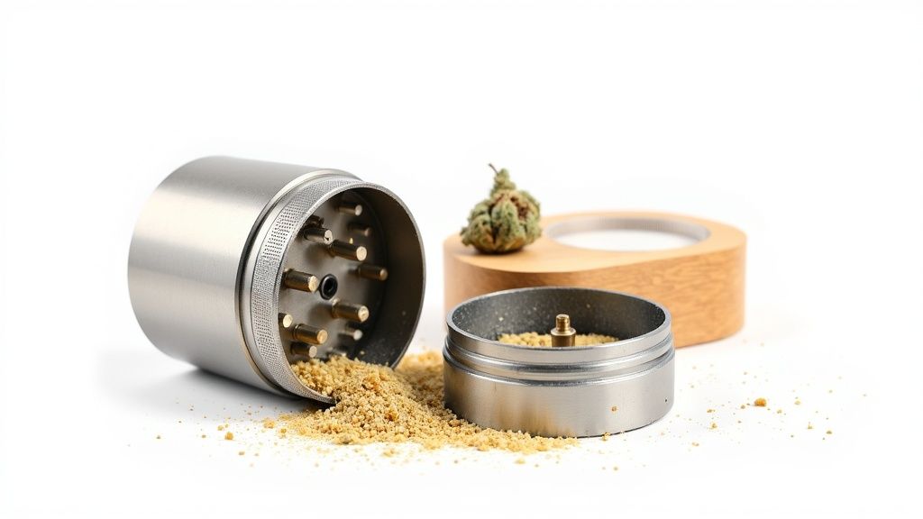 A metal cannabis grinder with kief, a fresh bud, and a wooden tray.