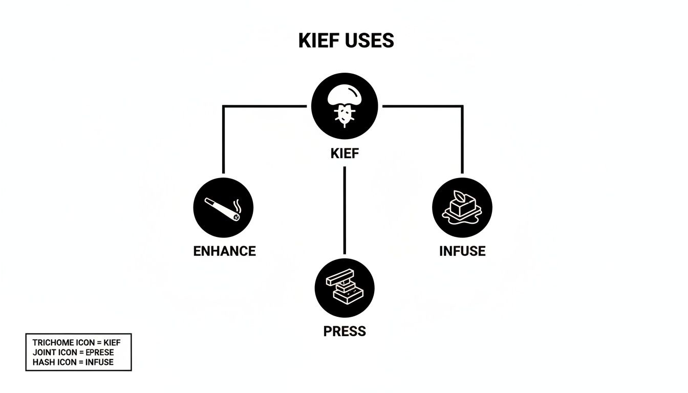 A diagram illustrating various uses of Kief, including enhancing, infusing, and pressing it.