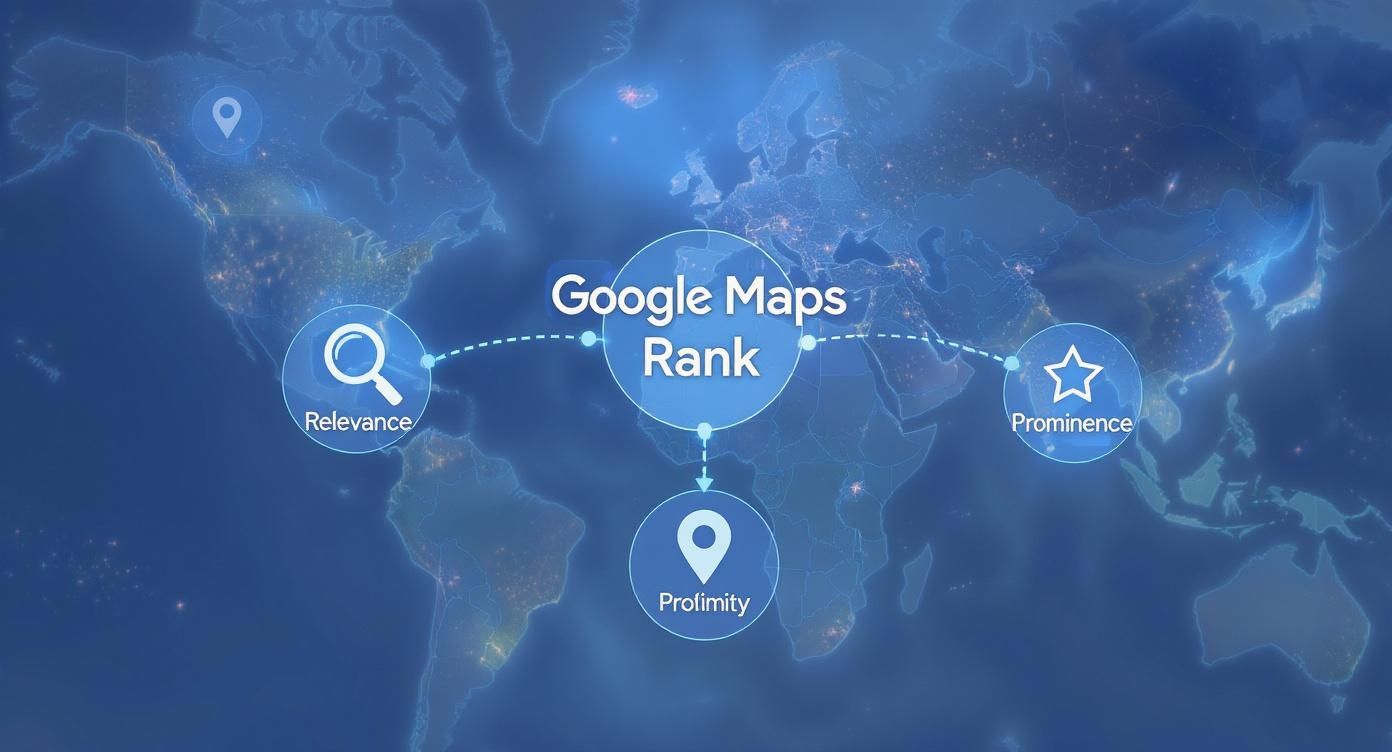 Google Maps ranking factors diagram showing relevance, prominence, and proximity connected to central rank element