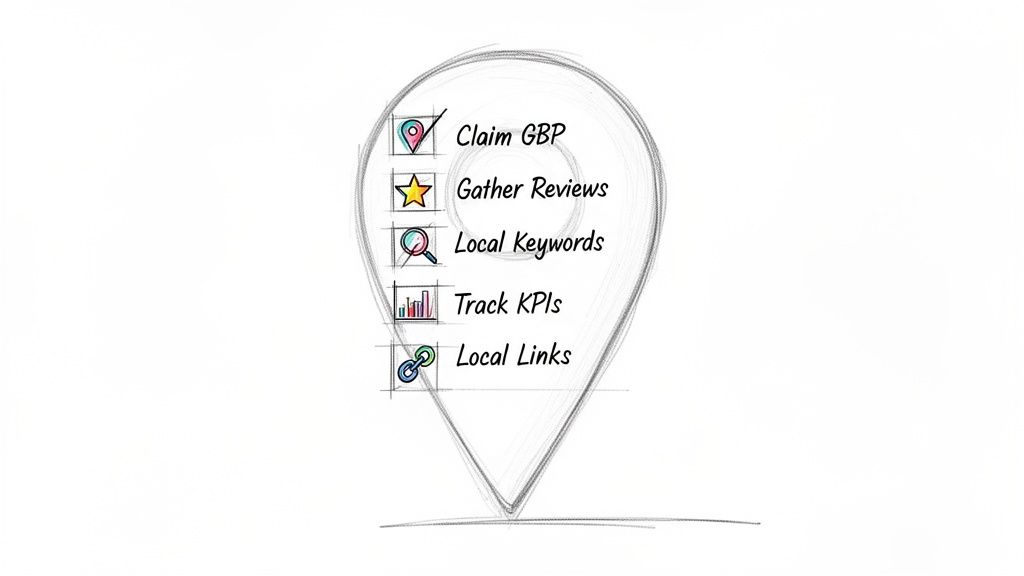 A sketched Google Maps pin containing a checklist for local SEO strategies: Claim GBP, Gather Reviews, Local Keywords, Track KPIs, Local Links.