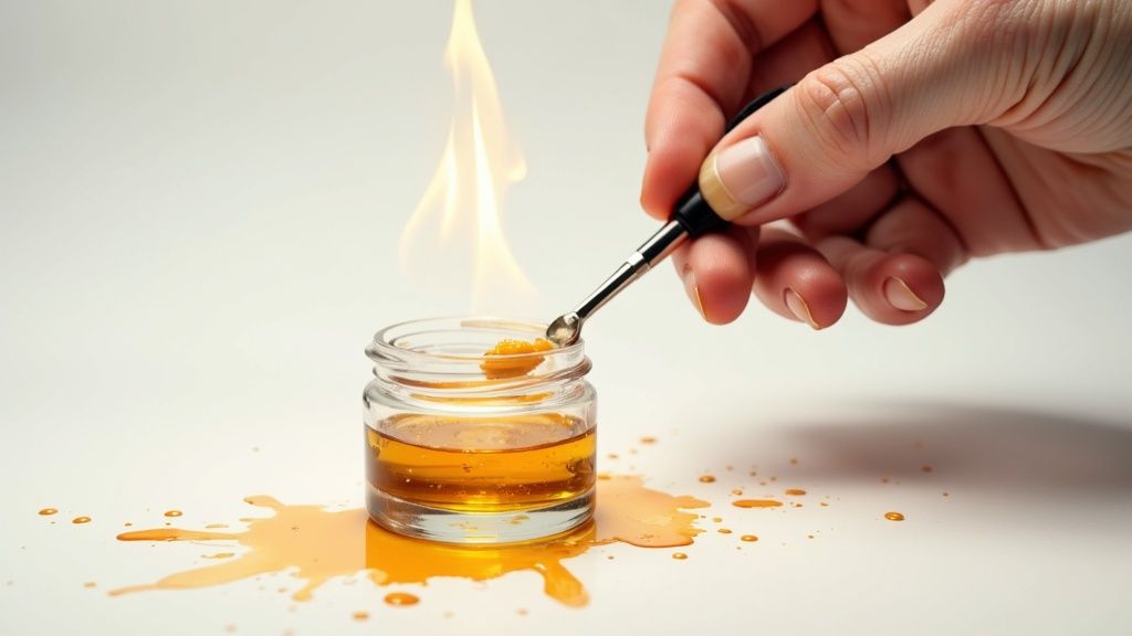 A hand uses a dab tool to heat rosin concentrate over a glass jar with liquid, creating a flame.