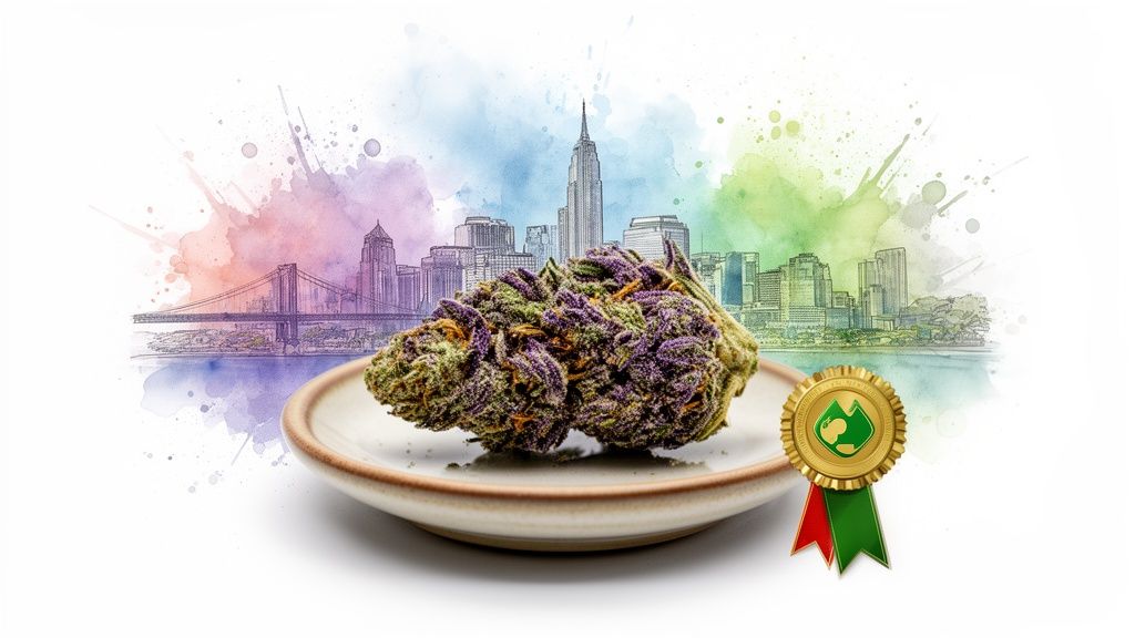 A vibrant purple and green cannabis bud on a dish, set against a colorful watercolor city skyline with a gold award medal.