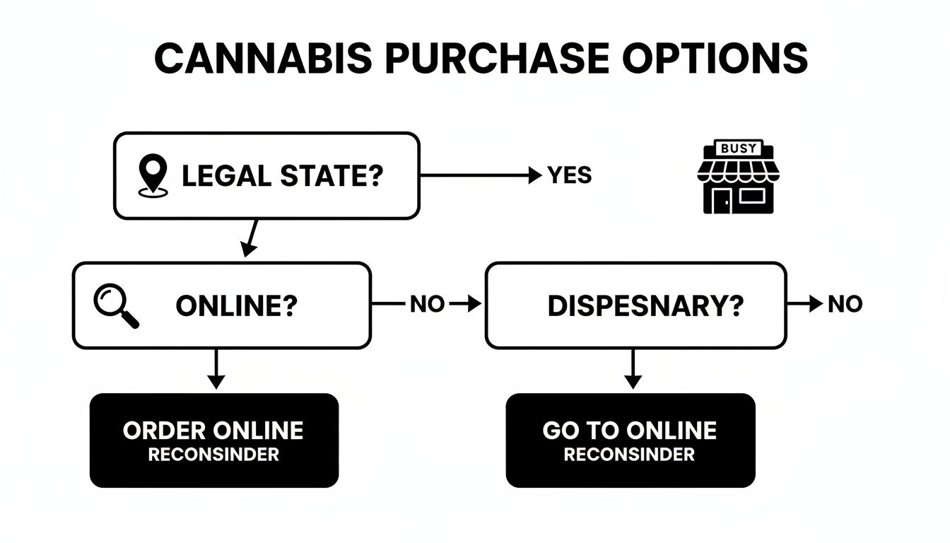 Flowchart outlining cannabis purchase options based on legal state, online availability, and dispensaries.