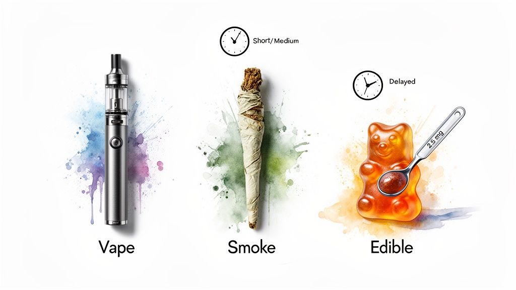 Illustration comparing cannabis consumption methods: vape, smoke, and edibles, with their associated onset times.