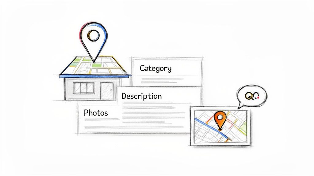 Hand-drawn illustration of a house, map pin, and business listing details (category, description, photos), for local search.
