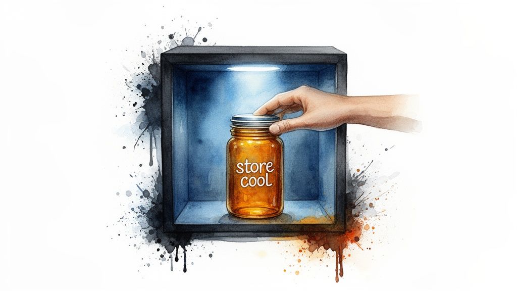 Watercolor illustration of a hand closing an amber jar labeled 'store cool' in a lit dark shelf.