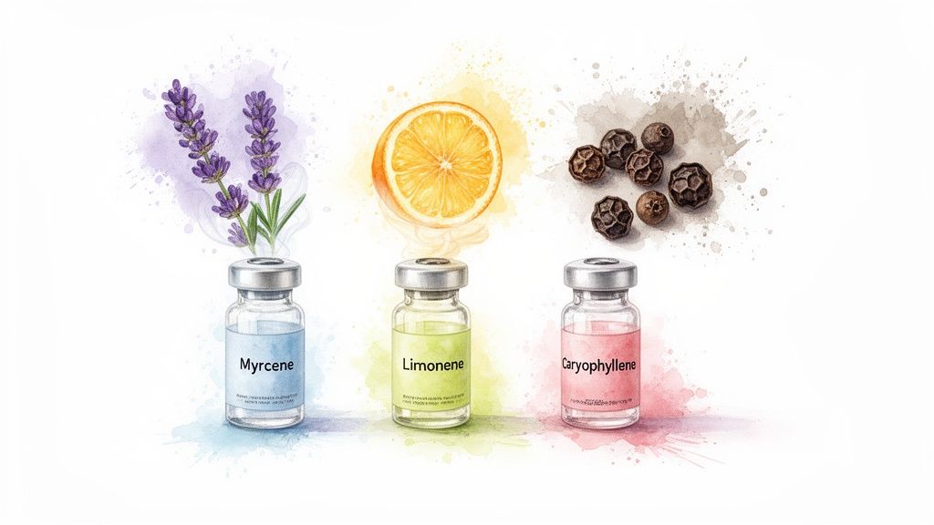 Watercolor illustration of three terpene vials (Myrcene, Limonene, Caryophyllene) with their natural sources: lavender, orange, and black pepper.