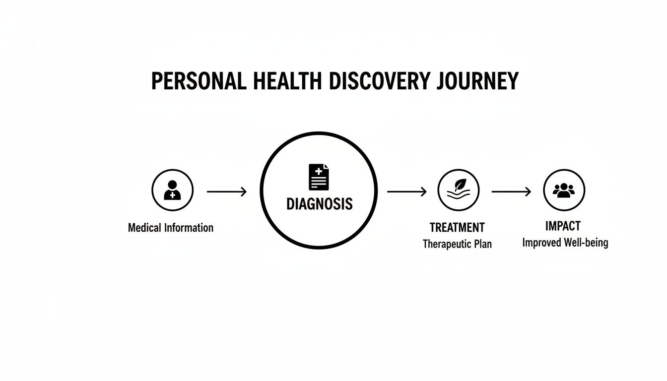 Flowchart illustrating a personal health discovery journey from medical information to diagnosis, treatment, and improved well-being.
