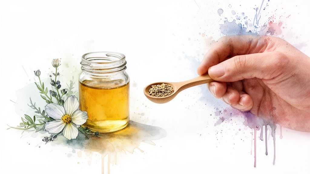 A hand holds a spoon of fennel seeds near a jar of golden oil and botanical illustrations.
