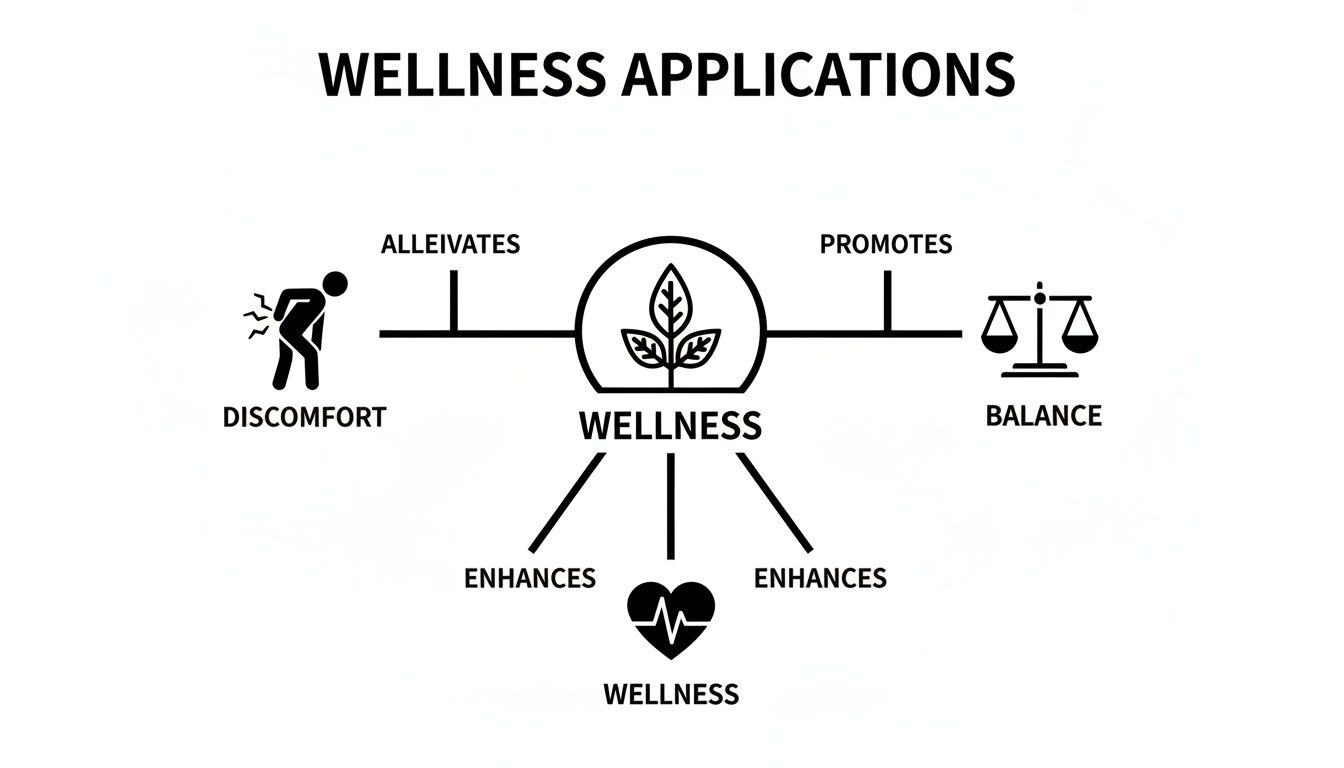 Diagram showing wellness applications: alleviates discomfort, promotes balance, and enhances overall well-being.