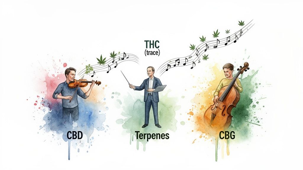 Three musicians representing CBD, Terpenes, and CBG playing instruments in a cannabis orchestra.