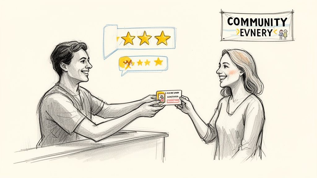 Happy man and woman exchanging a card, with ratings and a community banner in the background.