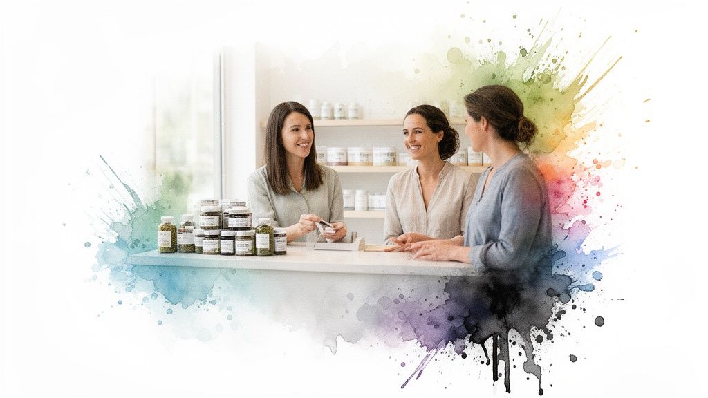 Smiling women interacting at a counter with various natural products and artistic watercolor effects.