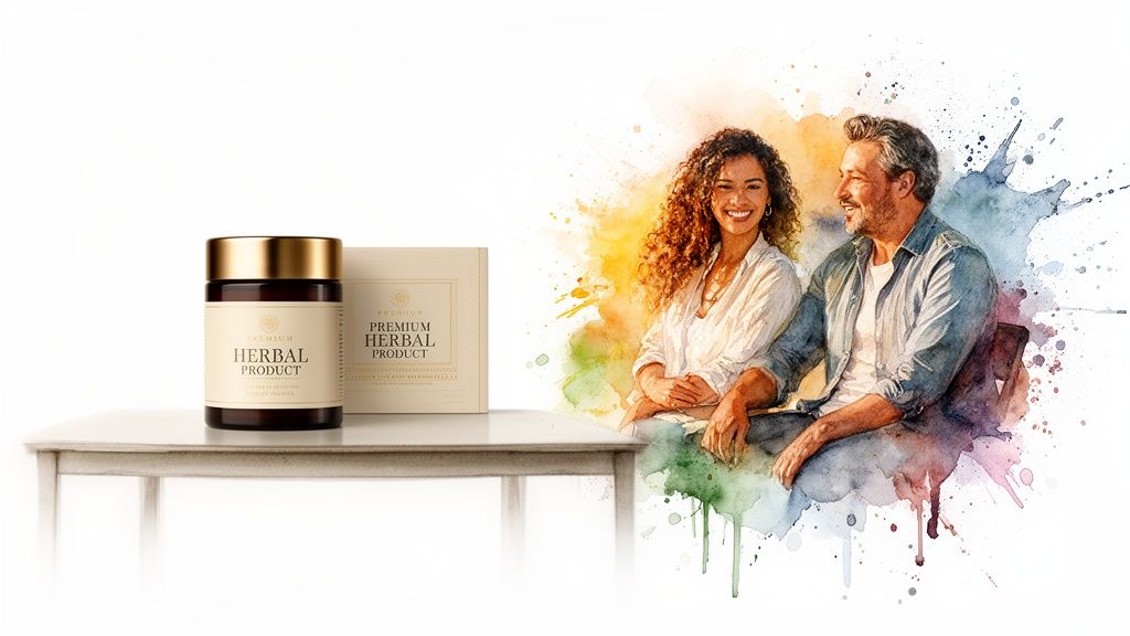Premium herbal product bottle and box on a table next to a smiling couple in vibrant watercolor art.