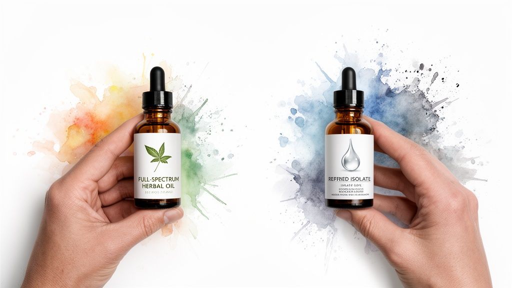 Hands hold two amber dropper bottles: one full-spectrum herbal oil with a leaf, one refried isolate with a droplet.