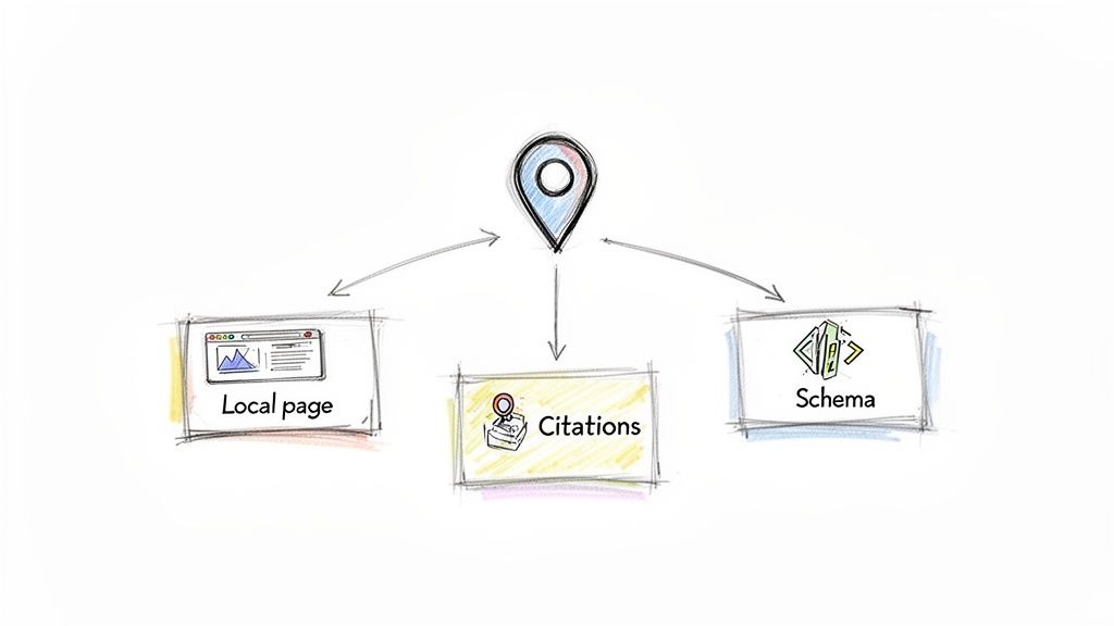 Diagram showing a location pin connected by arrows to a local page, citations, and schema markup for local SEO.