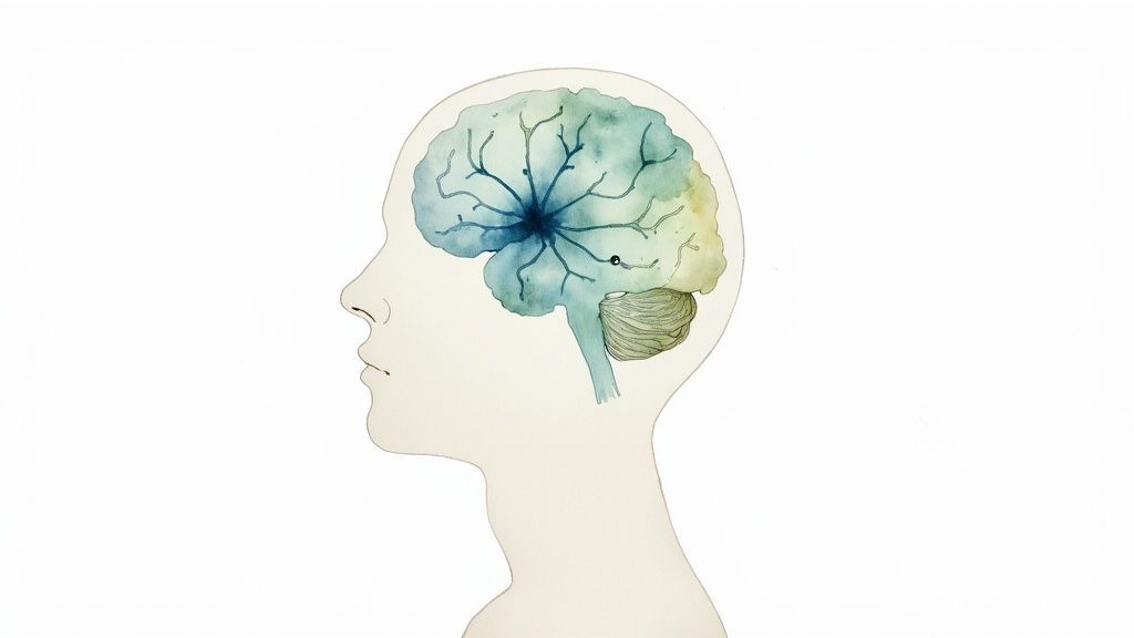 Side profile watercolor illustration of a human head, revealing a brain with intricate blue-green patterns.