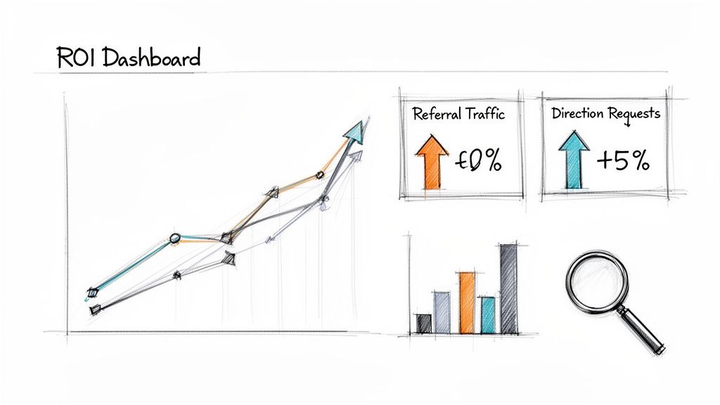 Hand-drawn ROI dashboard with trend lines, bar chart, and metrics for referral traffic and direction requests.