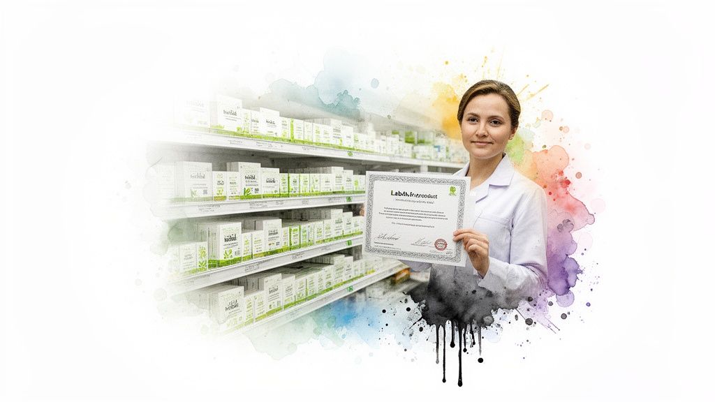 A smiling woman in a lab coat holds a "Lab In Product" certificate, standing before shelves of products with colorful artistic accents.