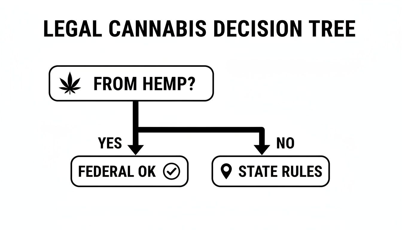 Legal cannabis decision tree showing federal approval for hemp-derived products and state rules for other cannabis.