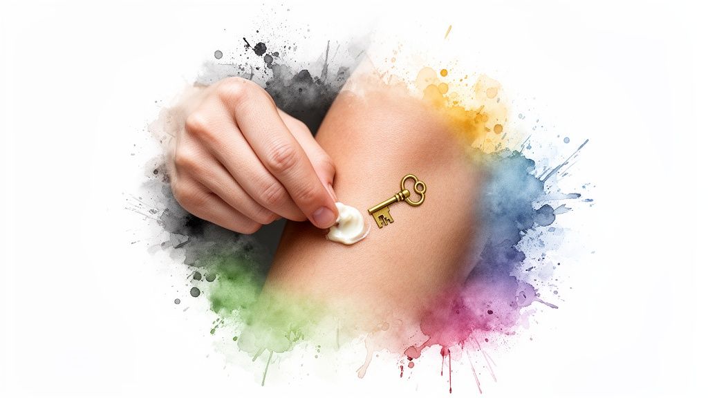 A hand applies a topical cream to skin, with a golden key, surrounded by vibrant paint splashes.
