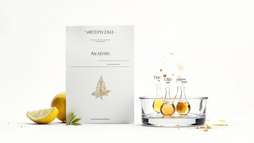 A document titled ANALYSIS with a leaf illustration, lemons, and vials labeled THC, CBD, and Terpenes.