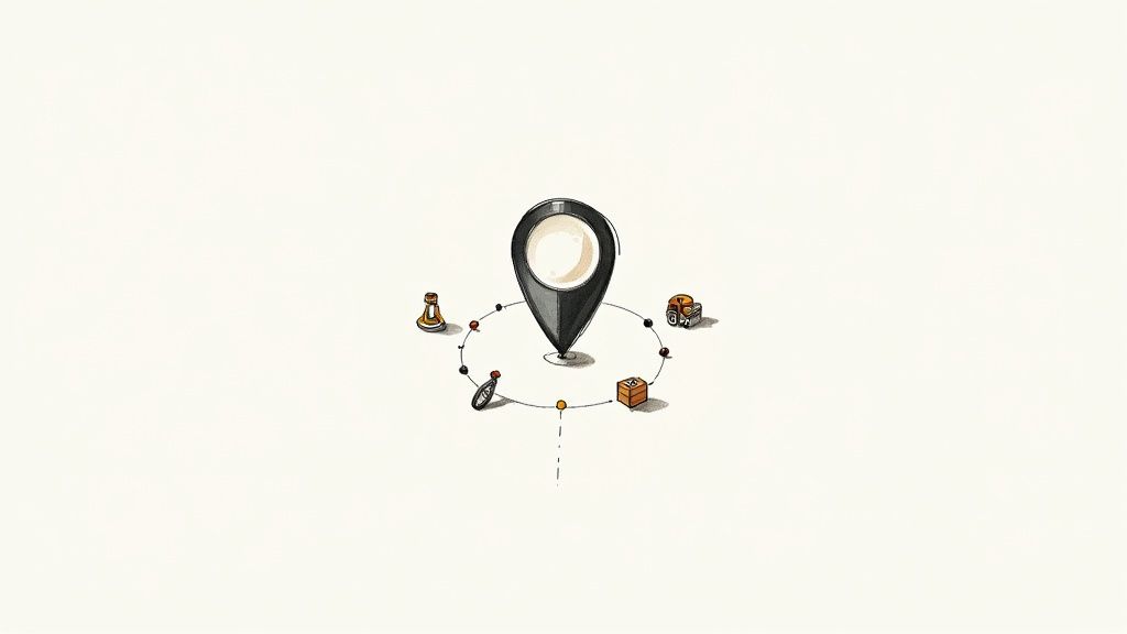 A central map pin surrounded by a circular path with icons of a rook, compass, box, and car.