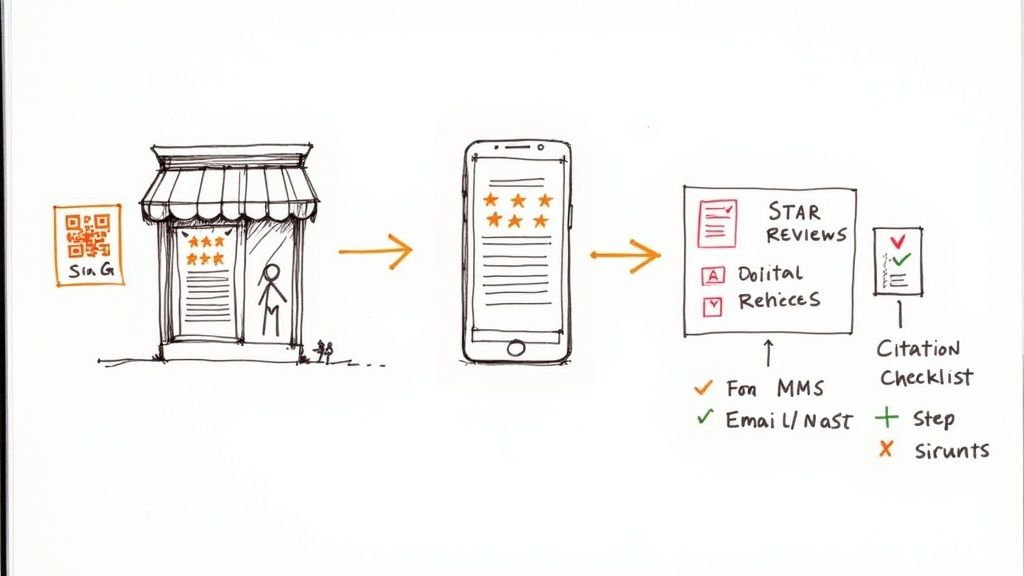 An illustration showing a smartphone with five-star reviews, surrounded by icons for directories like Google and Yelp.
