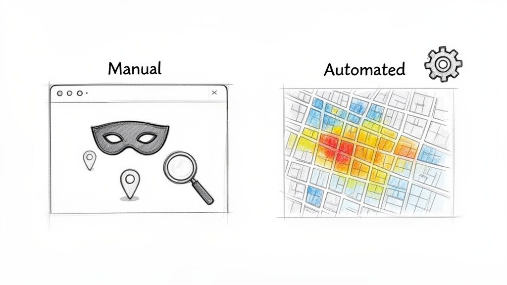A sketch comparing manual location search with automated heatmap analysis on a map.