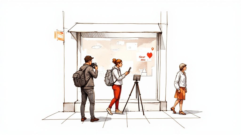 People using smartphones near storefront with heart icon displaying local social media marketing services