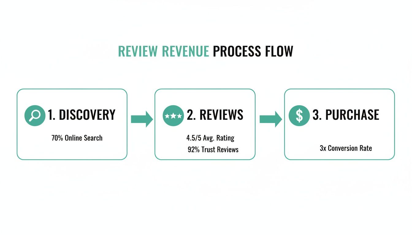 Review revenue process flow diagram showing discovery, reviews, and purchase steps.